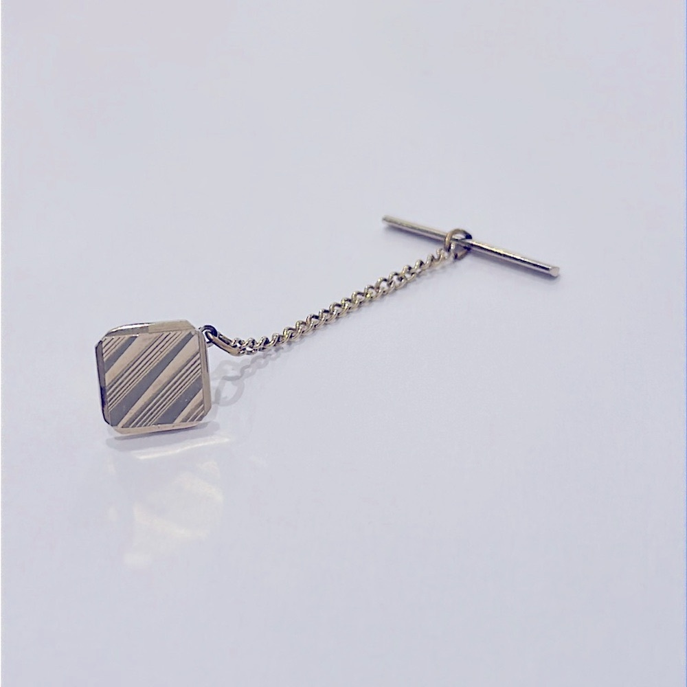 Vintage Swank Gold-tone Square Tie-tack Lapel Pin Striped Pattern Engraved